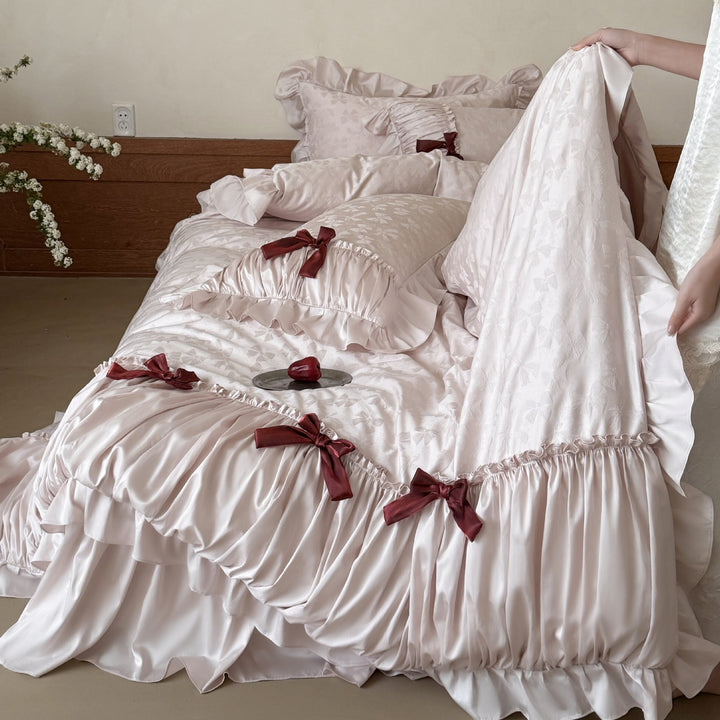Satin bedding set with jacquard butterfly pattern, ruffle and decorative bows