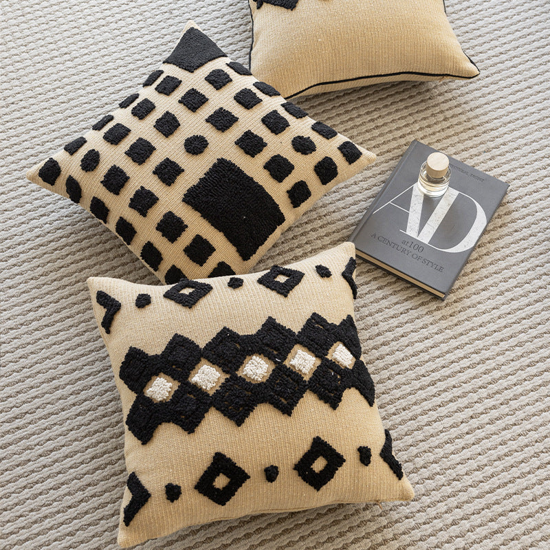 Textured Tribal-Inspired Knitted Square Accent Pillow with Raised Tufted Diamond Motif