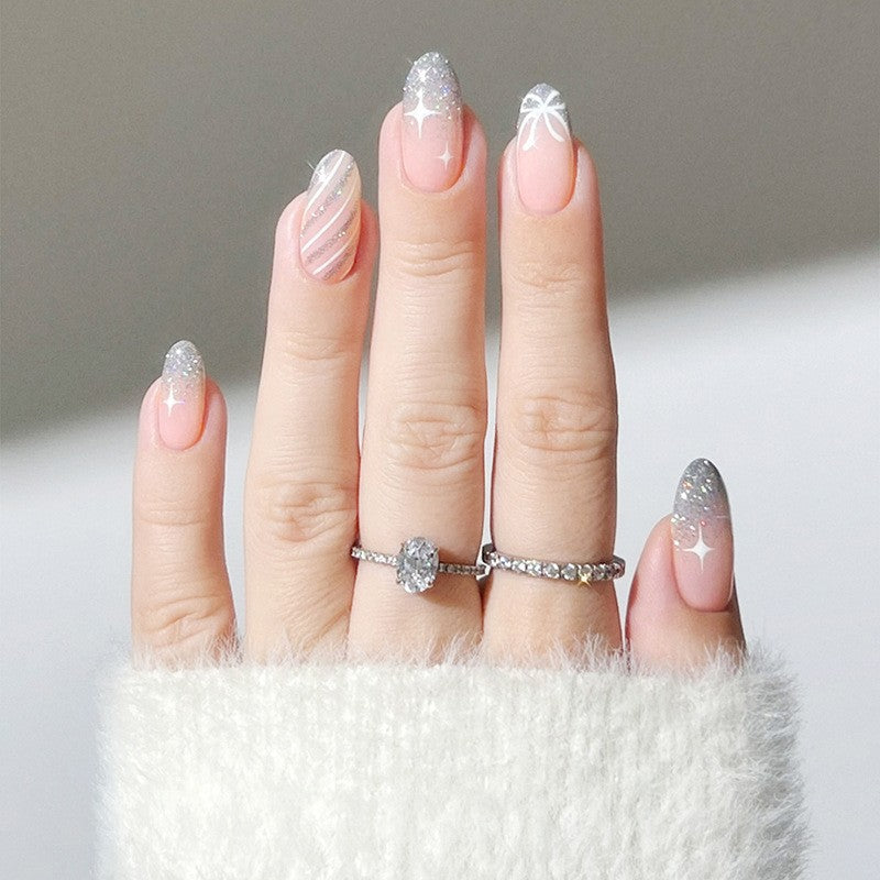 Decorative Press-On Nail Set with Glitter and Striped Design kalsten