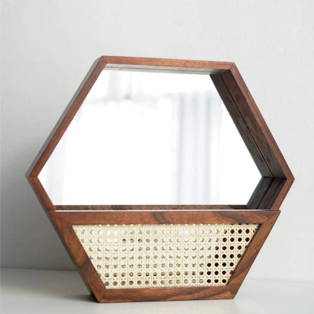 Rustic wall mirror with natural rattan frame Kalsten