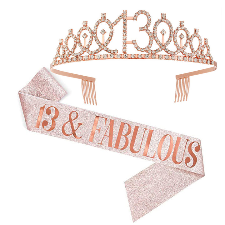 Girl Glittering Birthday Crown and Sash Set Kalsten