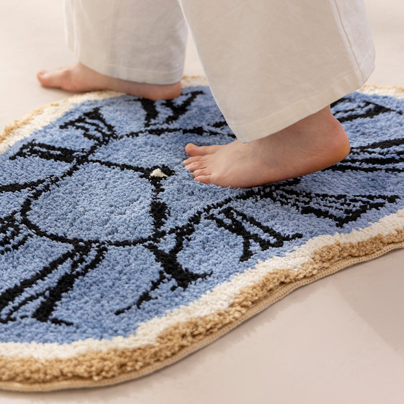 Tufted bathroom rug with abstract clock design and non-slip backing