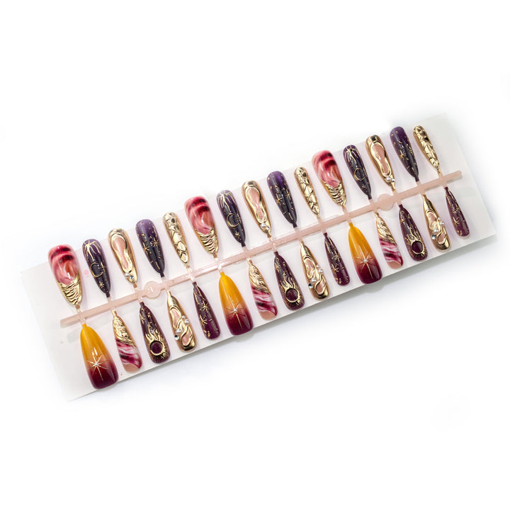 Artistic Press-On Nail Set with Metallic Accents