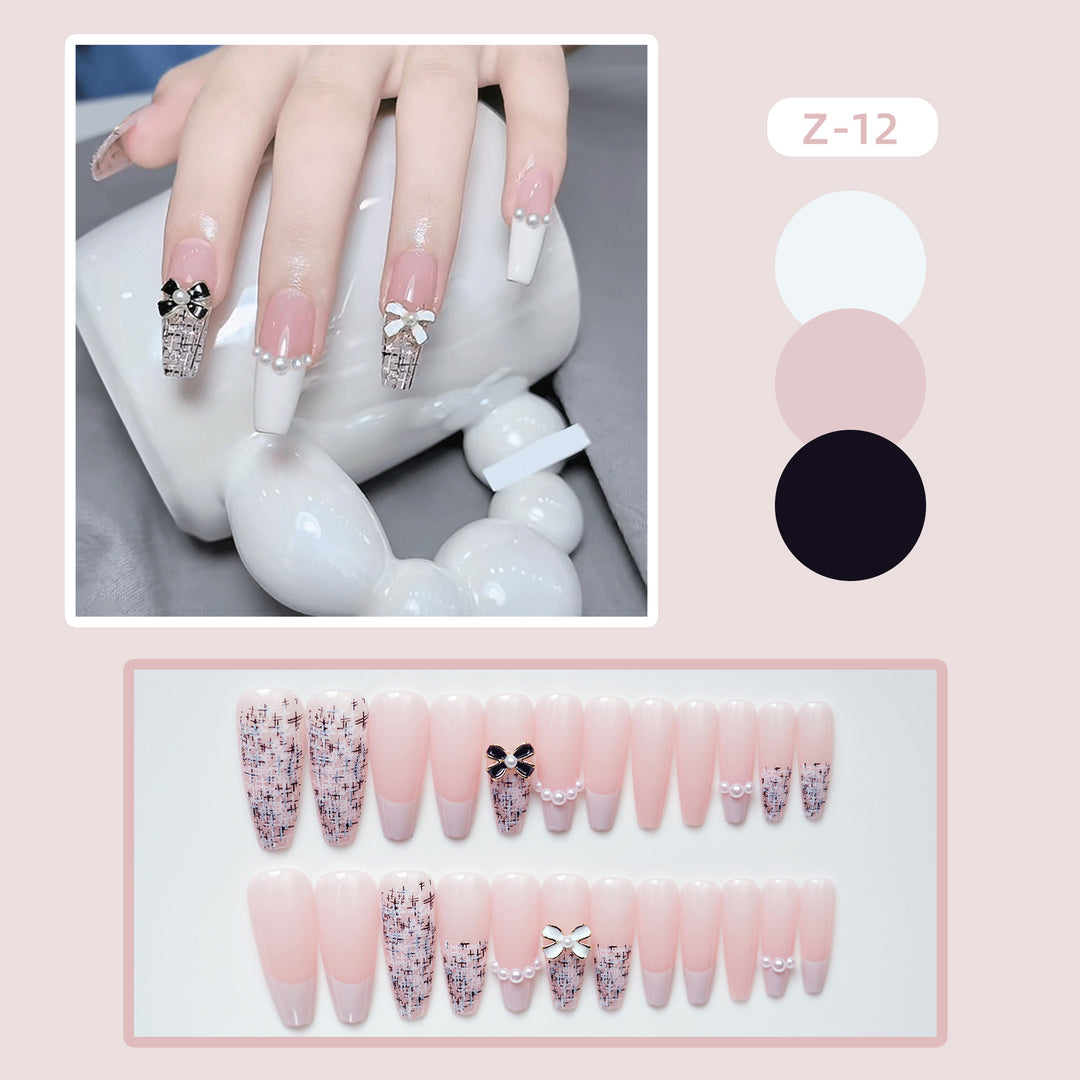 Elegant Press-On Nail Art with Decorative Bow Accents