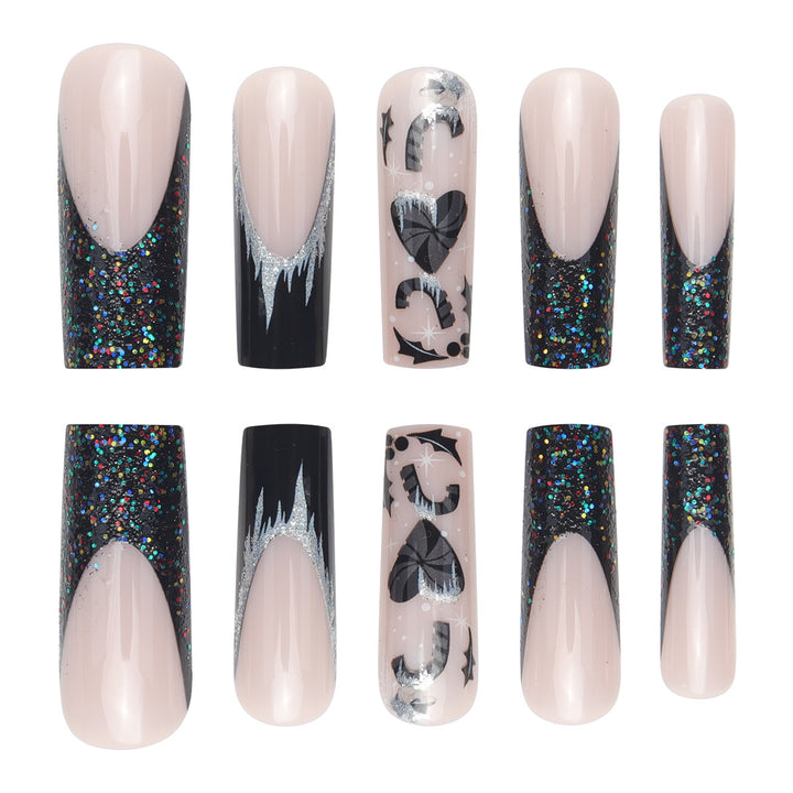 Artistic Long Stiletto Press-On Nail Set with Glitter and Graphic Design Kalsten