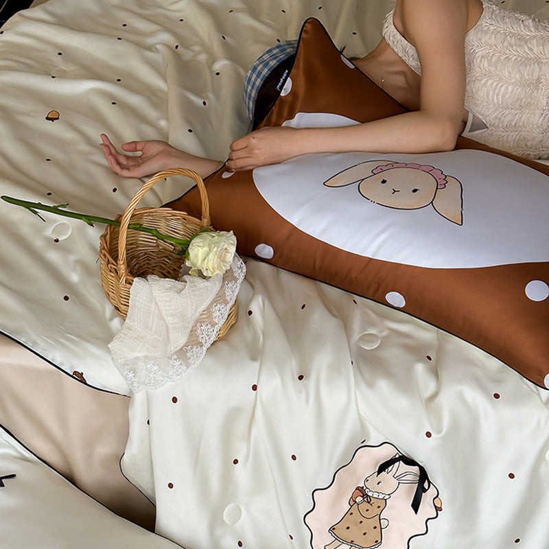 Bedding set made of skin-friendly cotton satin with embroidered rabbit motif & polka dot design
