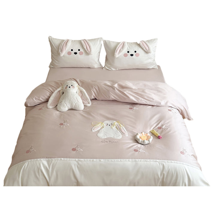 Cozy satin bedding with 3D rabbit appliqués