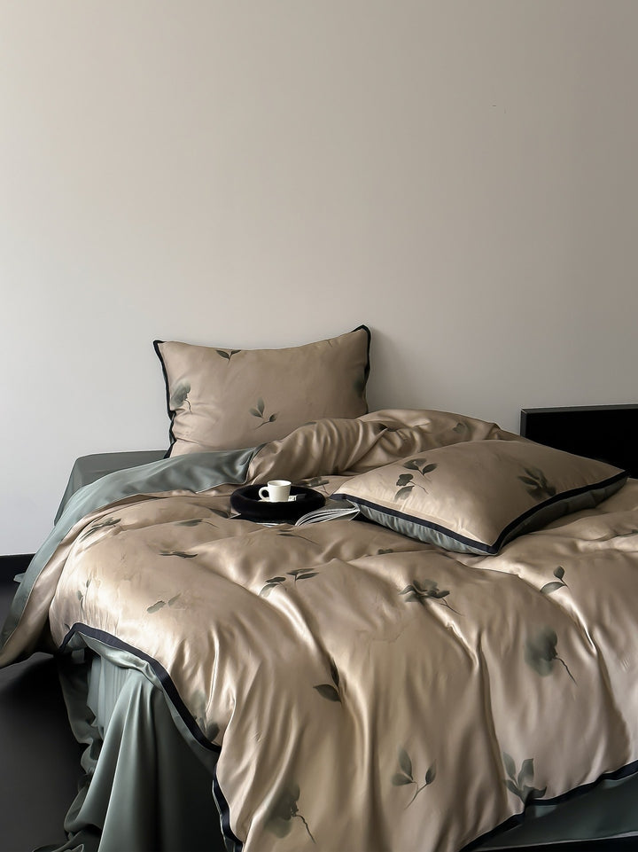 Luxury satin bedding set with floral print and elegant pillowcases