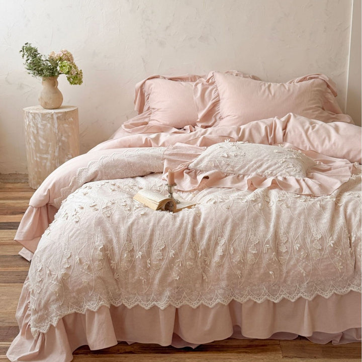 Bedding set with floral relief embroidery, gathered frill and bed skirt