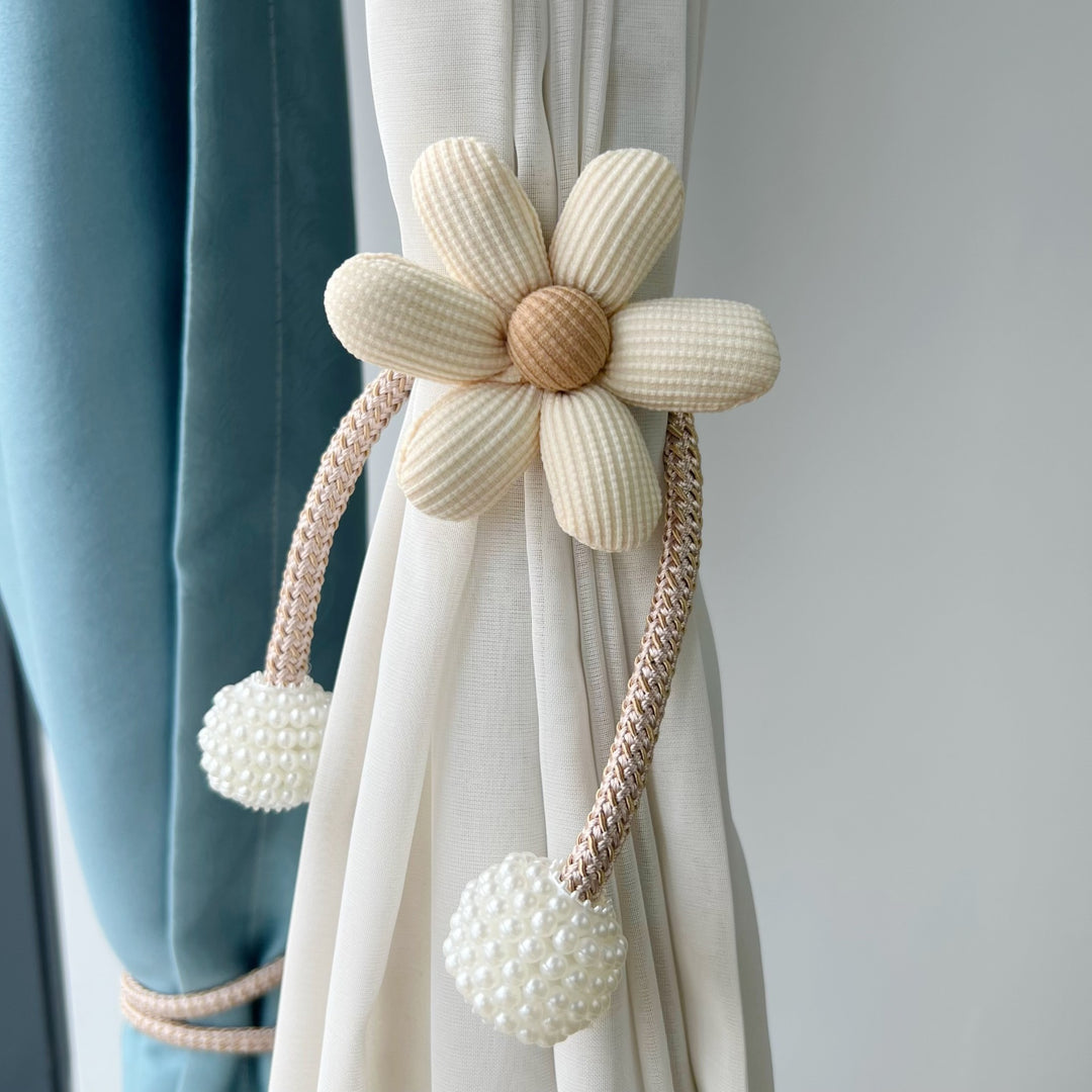 Decorative Magnetic Curtain Tieback with Fabric Flower and Pearl Bead Tassels