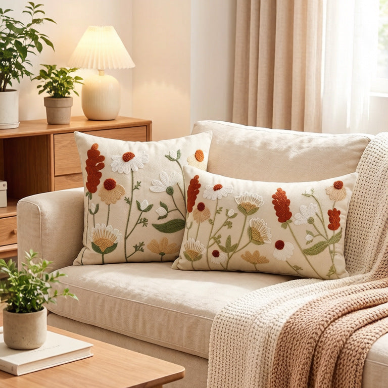 Decorative Square Embroidered Floral Tufted Linen Pillow Cover