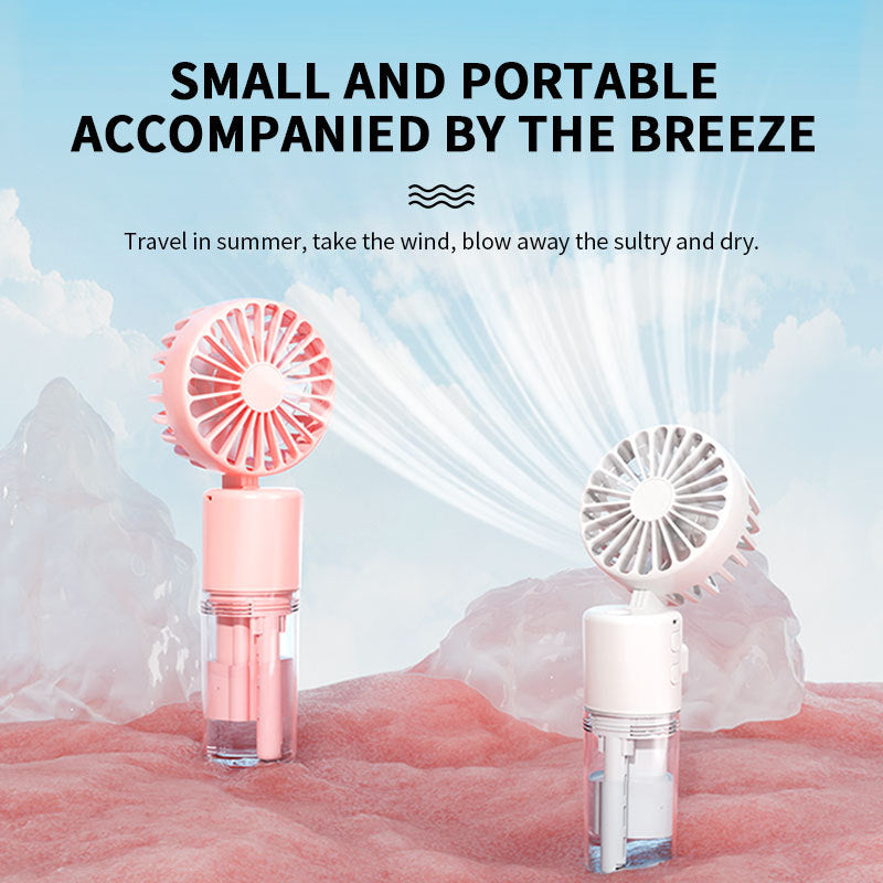 Cooling compact rechargeable folding misting handheld fan with transparent water reservoir detachable base and four speed brushless motor Kalsten