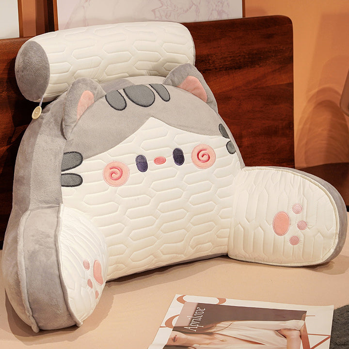 Ergonomic padded back support cushion with armrests and removable neck roll in cat design