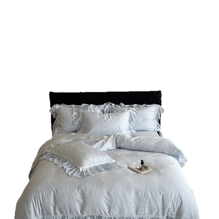 Luxurious satin bedding set with ruffles and fine bow jacquard