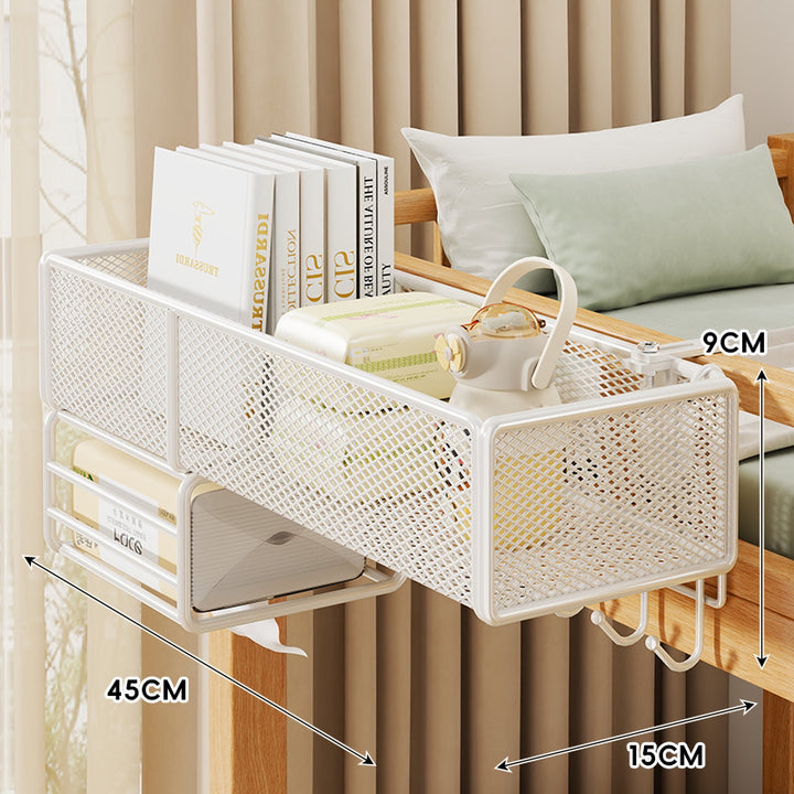 Clamp-On Mesh Bedside Rail Organizer Shelf with Multi Hooks