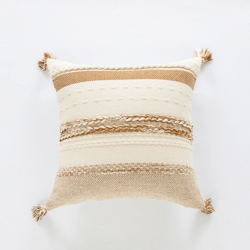 Coastal-Inspired Woven Cotton Square Accent Pillow with Braided Rope Bands and Corner Tassels