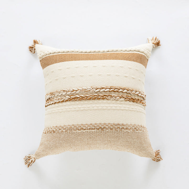 Coastal-Inspired Woven Cotton Square Accent Pillow with Braided Rope Bands and Corner Tassels