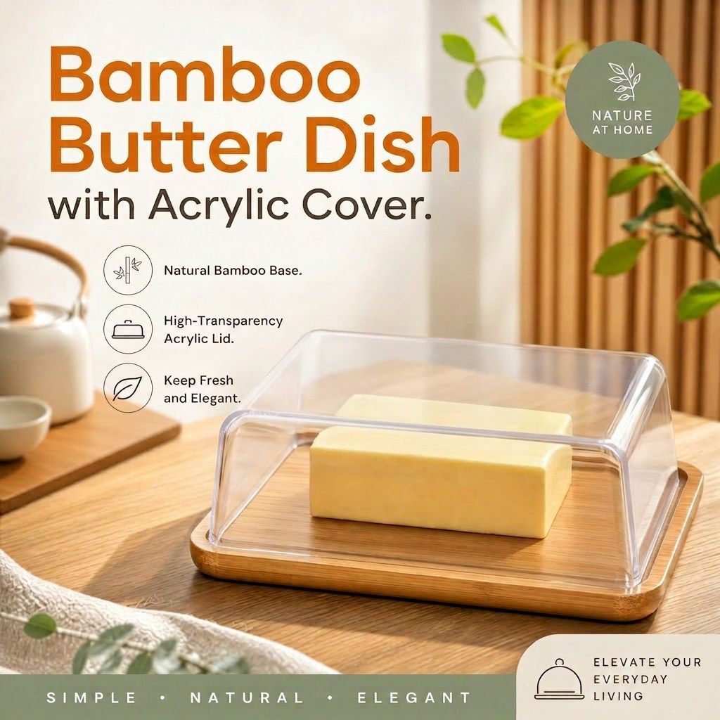 Bamboo Butter Dish with Glass Dome and Stainless Steel Spreaders