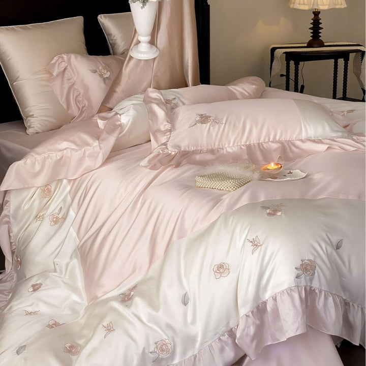Elegant satin bedding set with ruffle and fine rose embroidery