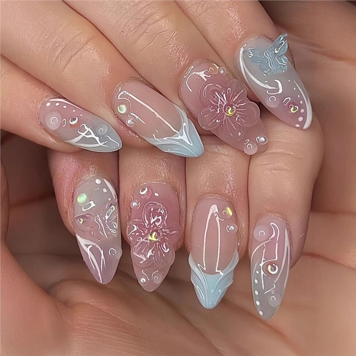 Decorative Stiletto Press-On Nail Art with Floral Accents Kalsten