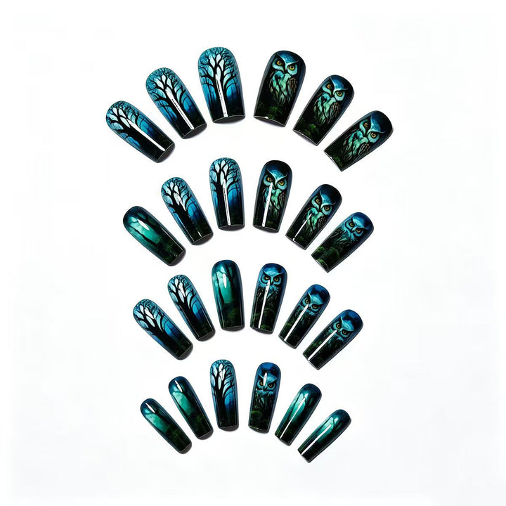 Artificial nails with elegant owl and forest motif Kalsten