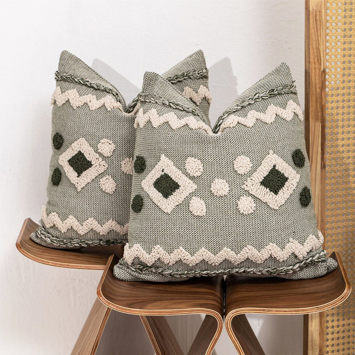 Textured Boho Geometric Tufted Throw Pillow with Braided Edge and Removable Zip Cover