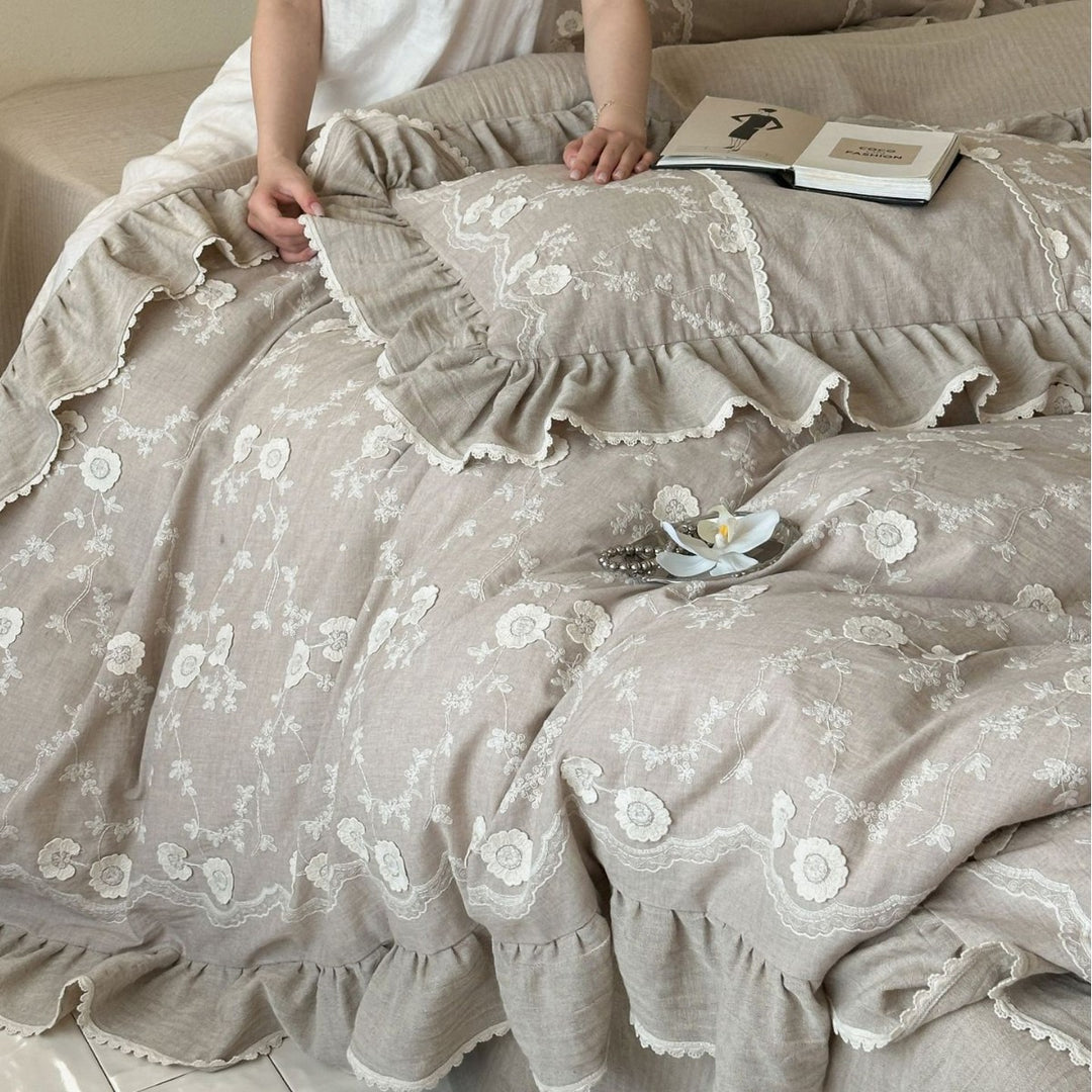 Linen bedding set with floral embroidery, ruffle and bed skirt