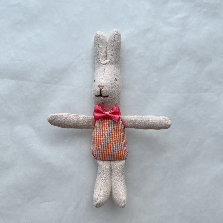 Soft Linen Rabbit Comforter Doll with Pink Gingham Dress and Satin Bow