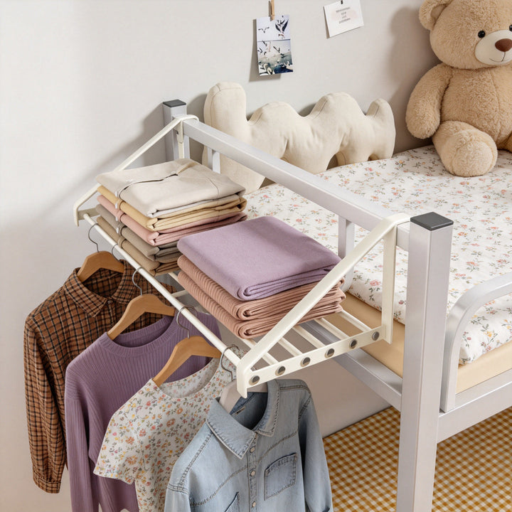 Bed-Frame Overhead Clothes & Linen Rack with Hanger Bar and Foldable Shelf