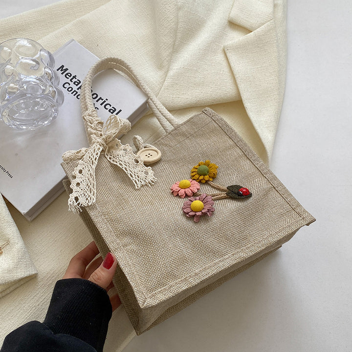 Floral Embellished Jute Handbag