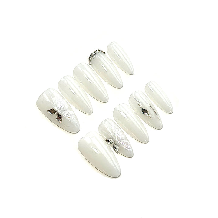 Artistic Press-On Nail Set with Elegant Butterfly and Gem Accents