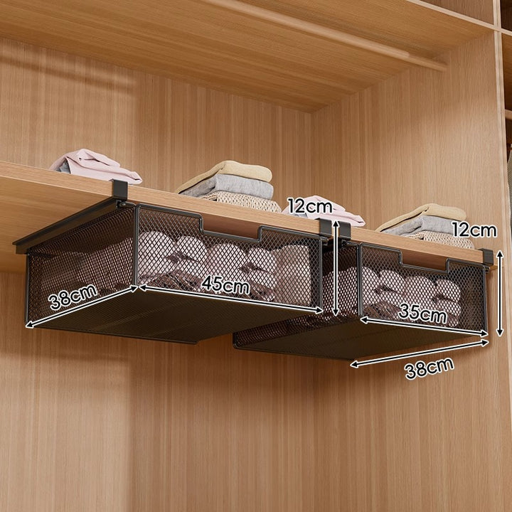 Under-Shelf Pull-Out Metal Mesh Closet Basket Organizer with Clamp Rail