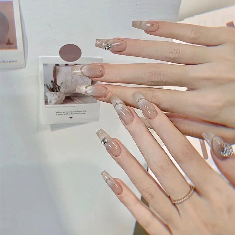 Artful French Tip Art Nails with Rhinestone Accents Kalsten