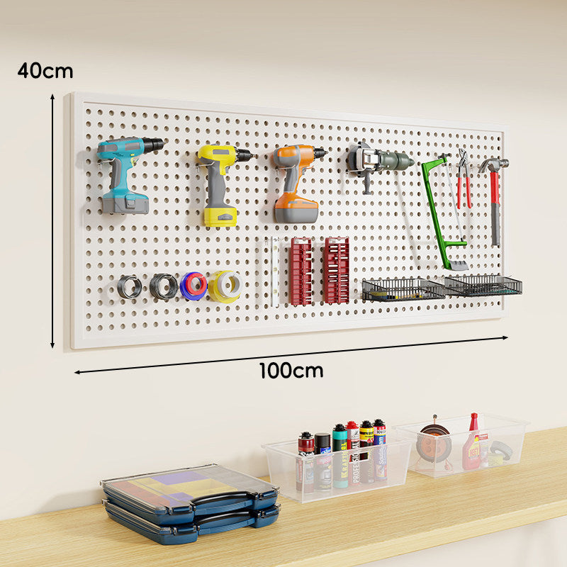 Wall-Mounted Perforated Metal Tool Pegboard Organizer Panel with Modular Hooks and Wire Baskets