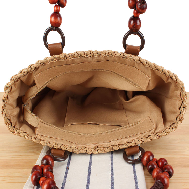 Basket bag with elegant wooden handles and textured surface Kalsten