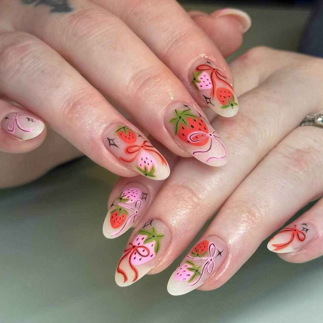 Strawberry-Themed Hand-Painted Nail Art