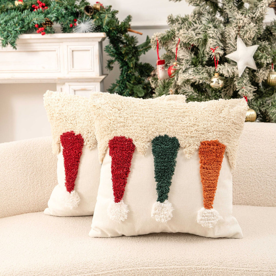 Christmas Lumbar Decorative Throw Pillow Set with Tufted Holiday Ornament and Pom Accent
