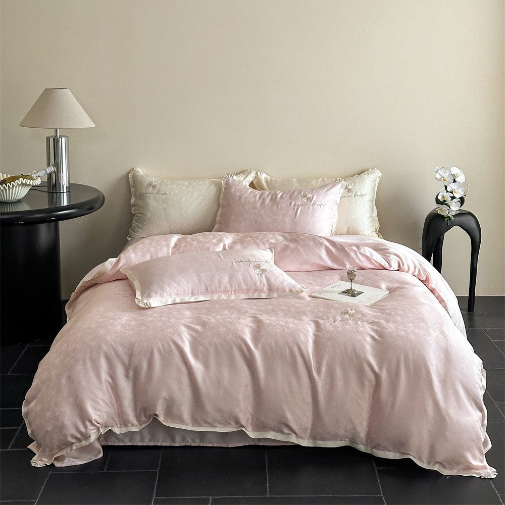 Luxurious cotton satin bedding set with jacquard relief and embroidered rose motif