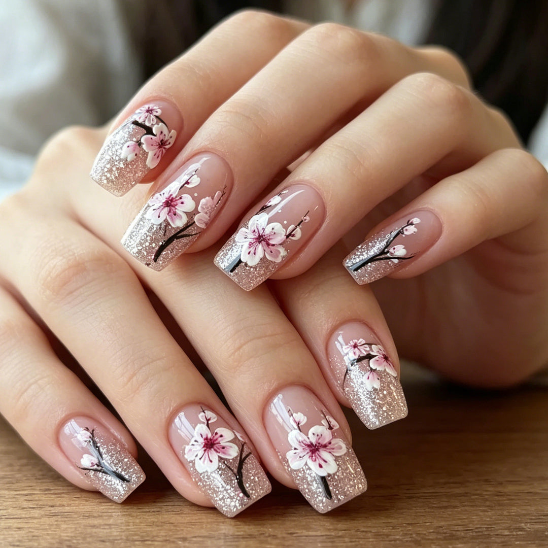 Floral Glitter Acrylic Nail Enhancements Kalsten