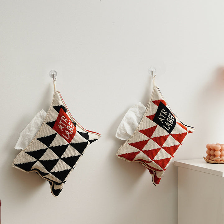 Knitted tissue box cover with geometric wave pattern