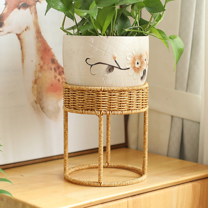 Unisex Modern Plant Stand with Woven Basket and Metal Frame Kalsten