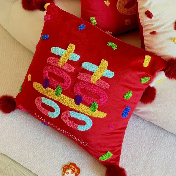 Colorful Chenille Tufted Square Throw Pillow with Plush Pom-Pom Corners and Removable Insert
