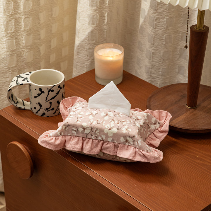 Romantic fabric tissue box cover with ruffles and floral print Kalsten
