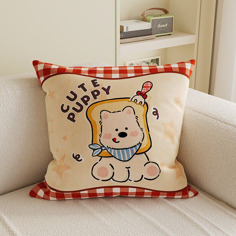 Cartoon Puppy Gingham Square Throw Pillow Cover with Hidden Zipper Linen-Blend Texture