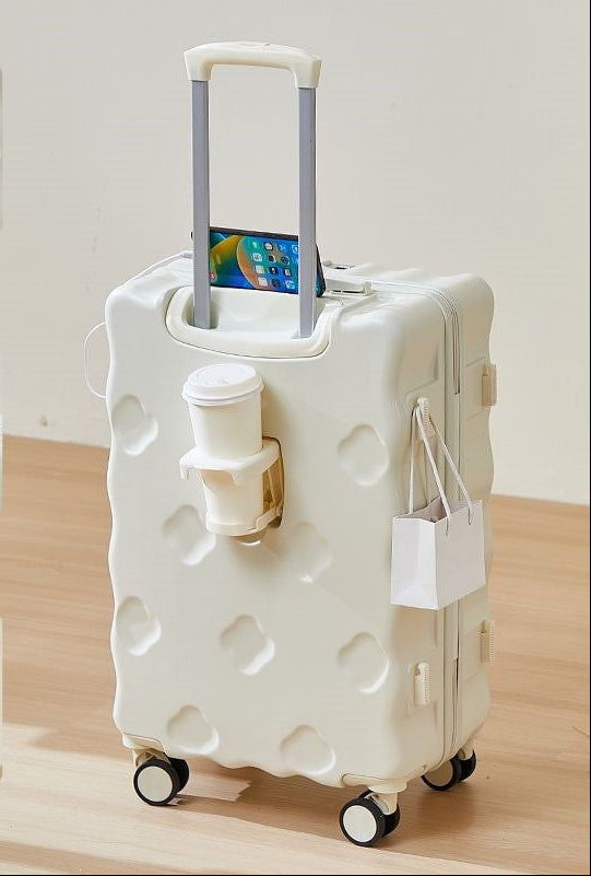 hard-shell carry-on suitcase with integrated foldable cup holder phone cradle USB charging port and external bag hooks Kalsten