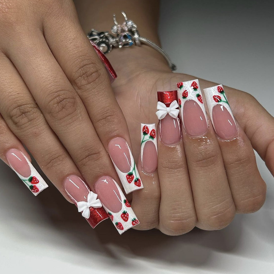 Strawberry Bow-Accent Acrylic Nail Art Extensions Kalsten