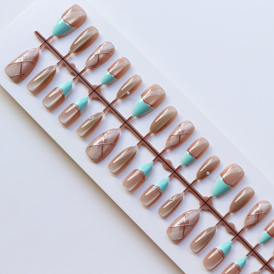 Artistic Press-On Nail Set with Gold Accents