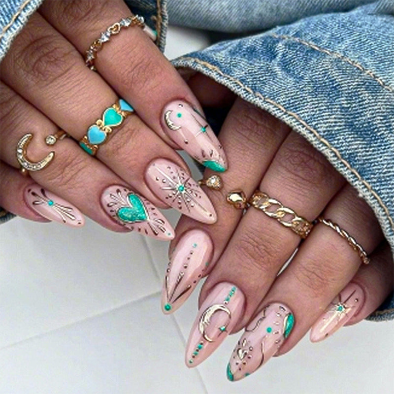 Artistic Press-On Nail Set with Stylish Floral and Gem Designs kalsten