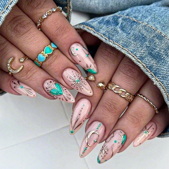 Artistic Press-On Nail Set with Stylish Floral and Gem Designs kalsten