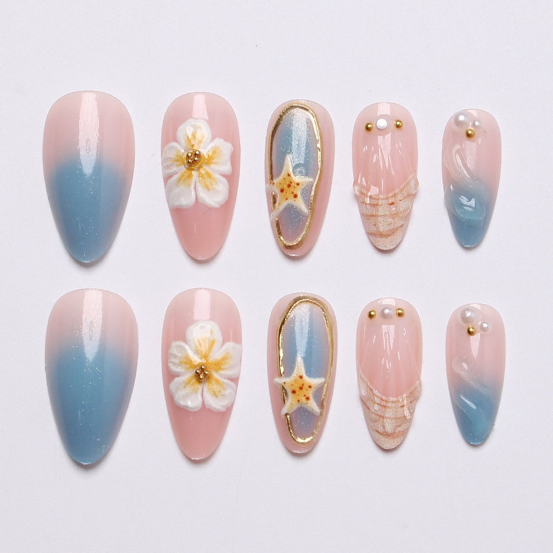 Artistic Seashell and Floral Press-On Nail Art Set Kalsten